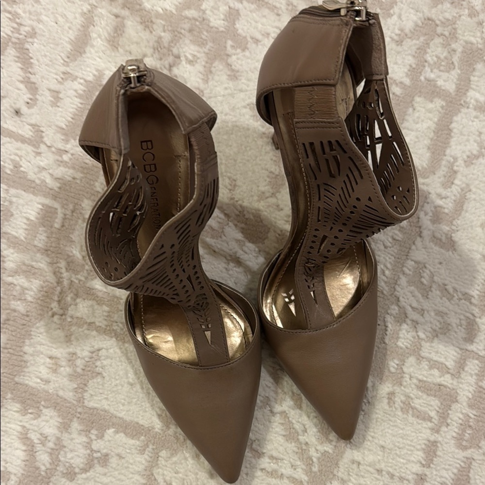 BCBGMaxAzria Brown Pointed-Toe Heels with Ankle Strap